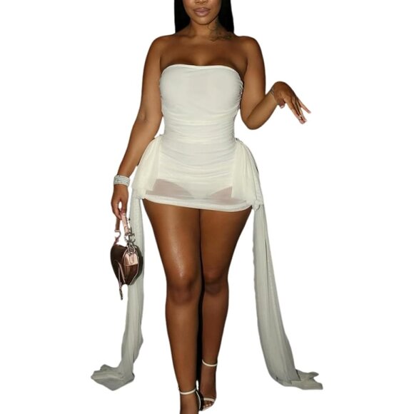 Women's Sheer Mesh Off Shoulder Mini Dress Strapless Y2K Club Party - Picture 1 of 5